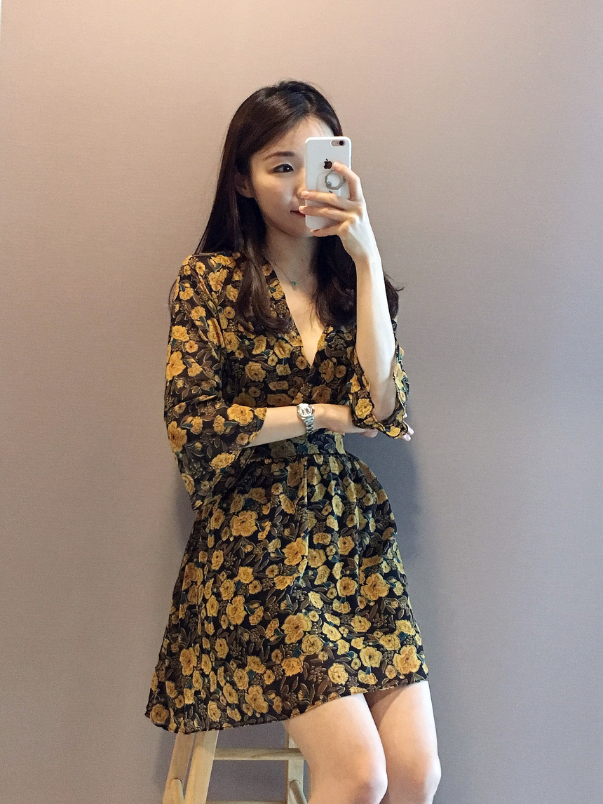 Flower Chiffon Wrap One Piece V-neck Fall Mini 3co