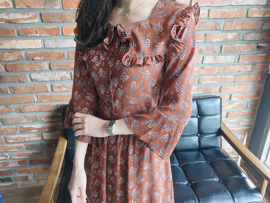 Square neck flower chiffon ruffle dress 7 part aut