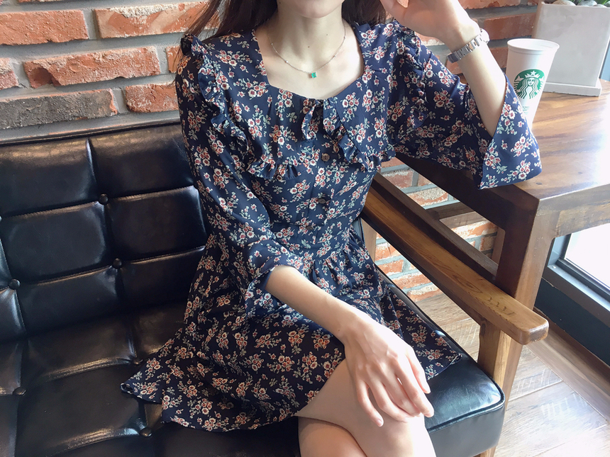 Square neck flower chiffon ruffle dress 7 part aut