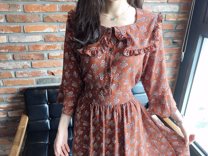 Square neck flower chiffon ruffle dress 7 part aut