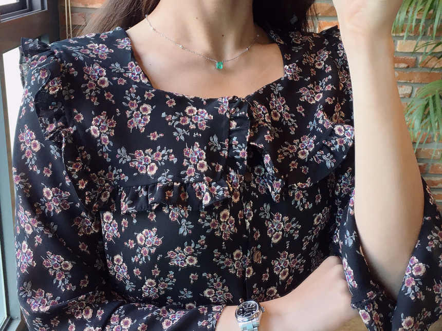 Square neck flower chiffon ruffle dress 7 part aut