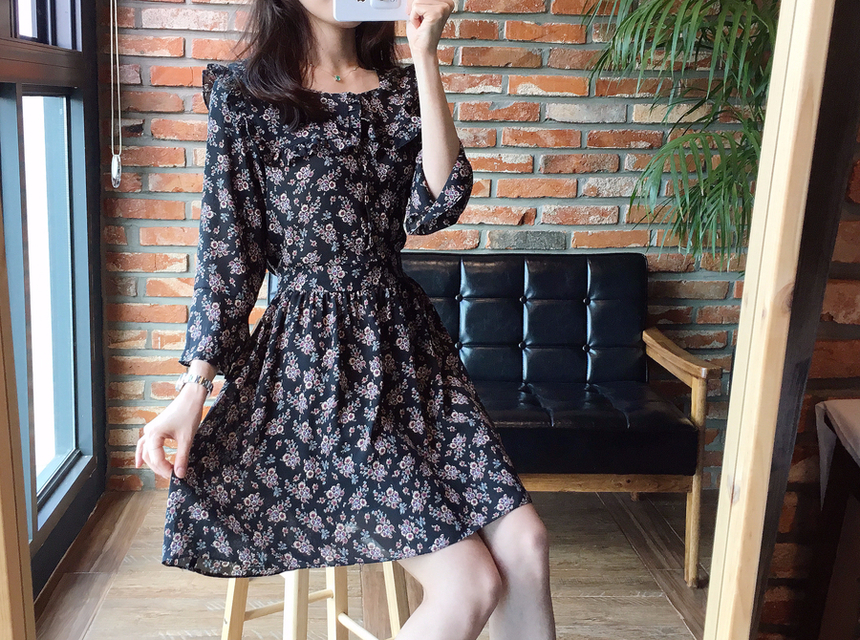 Square neck flower chiffon ruffle dress 7 part aut