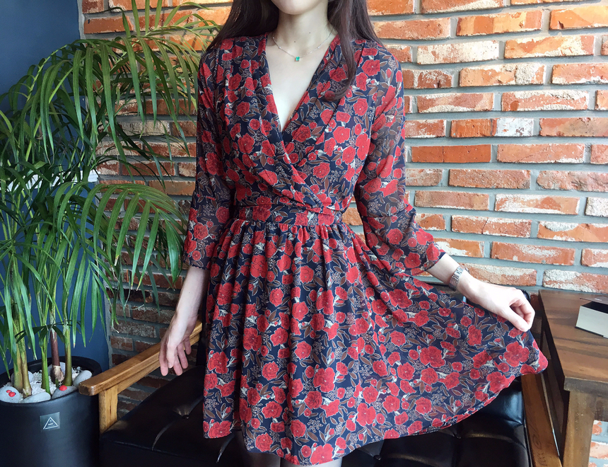 Flower Chiffon Wrap One Piece V-neck Fall Mini 3co