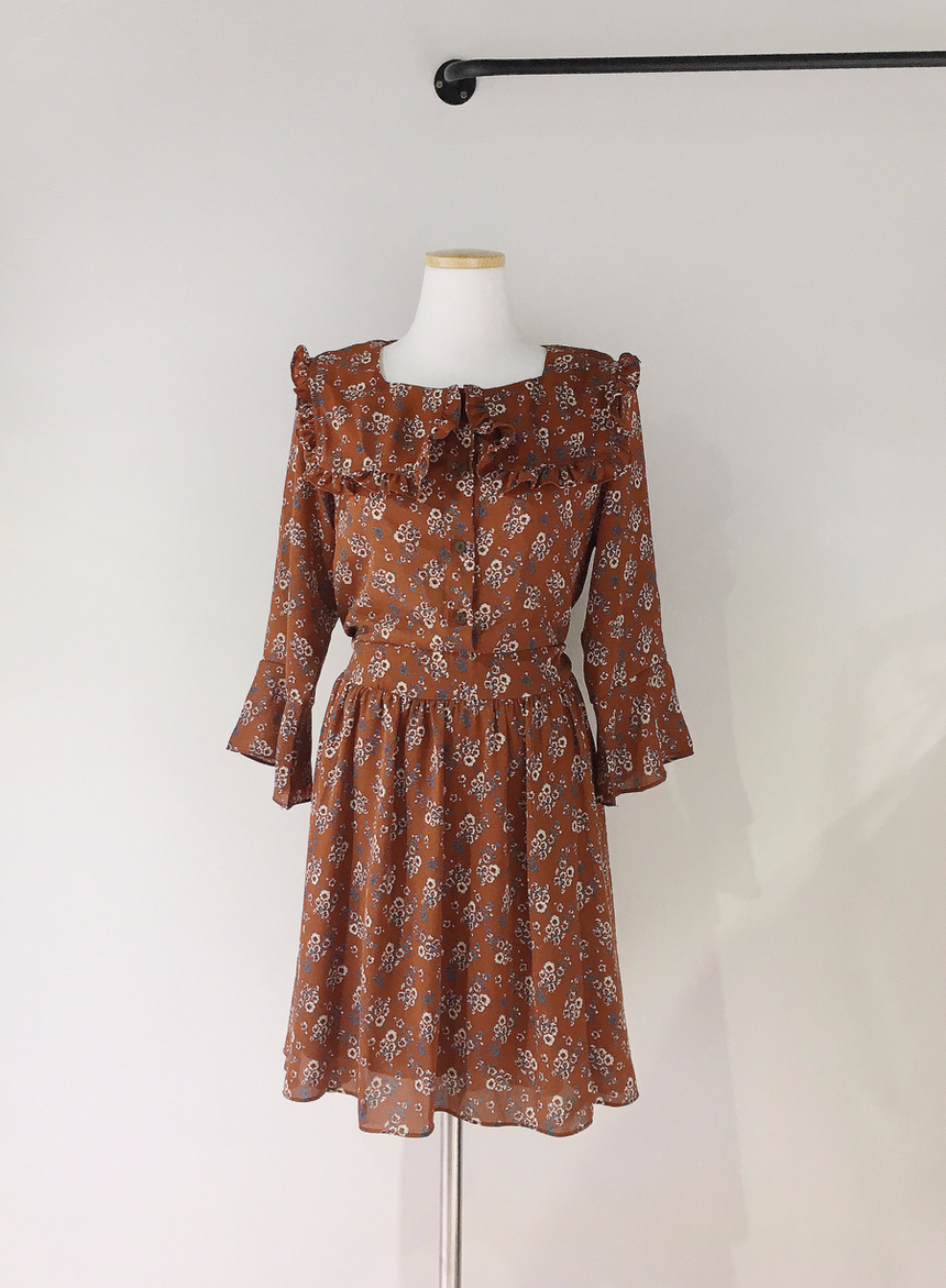 Square neck flower chiffon ruffle dress 7 part aut