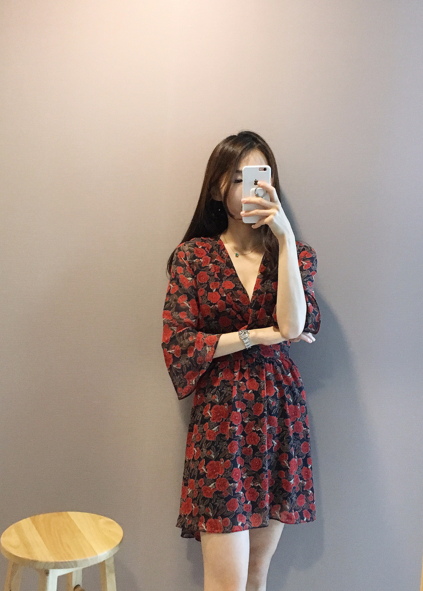 Flower Chiffon Wrap One Piece V-neck Fall Mini 3co