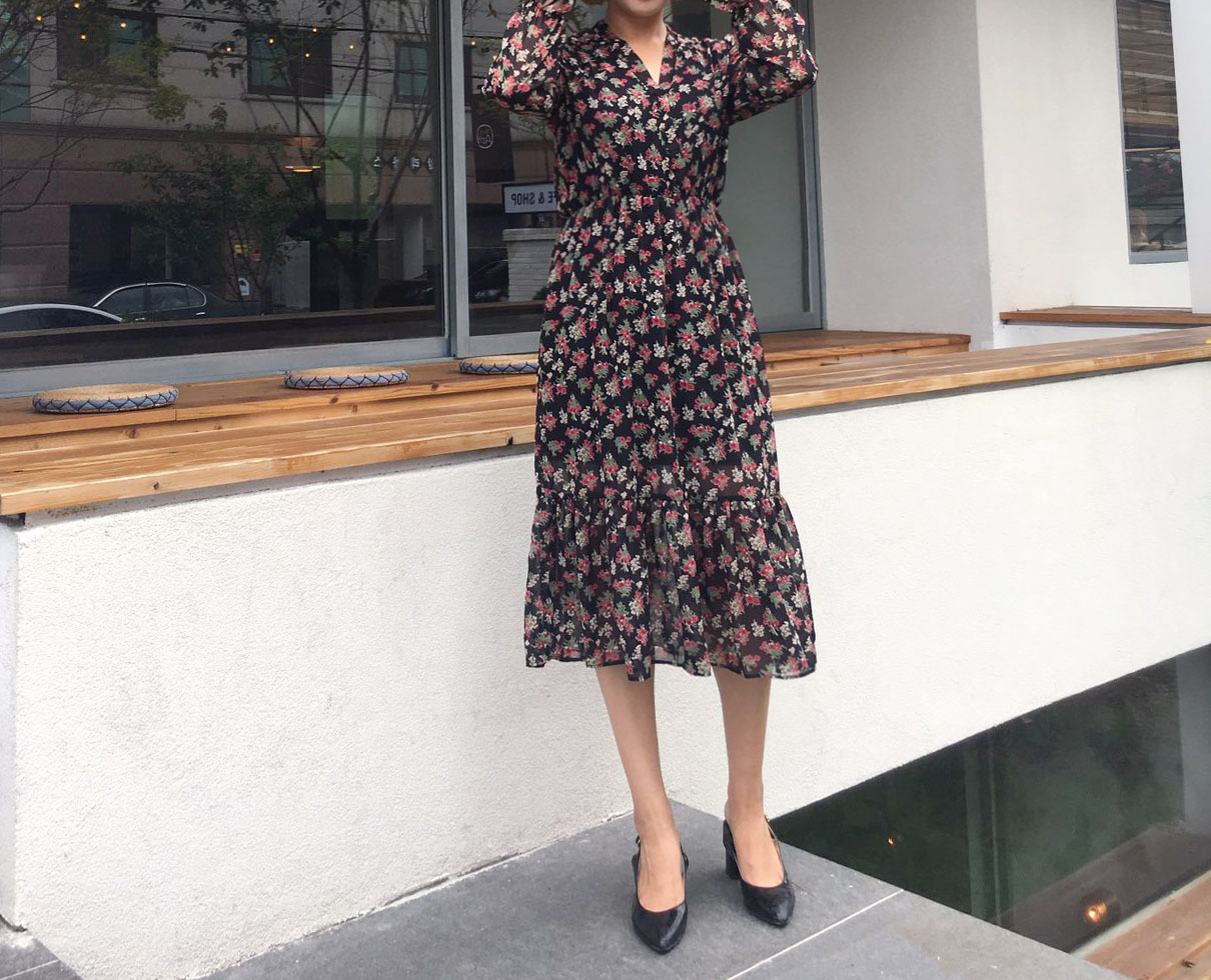 Autumn Flower Long Chiffon Dress Luxury Look Styli