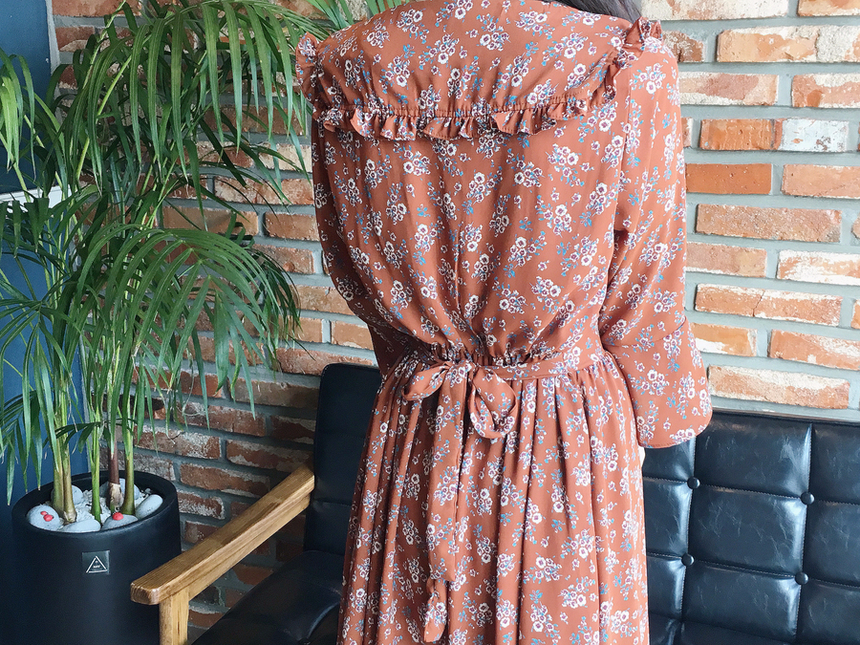 Square neck flower chiffon ruffle dress 7 part aut