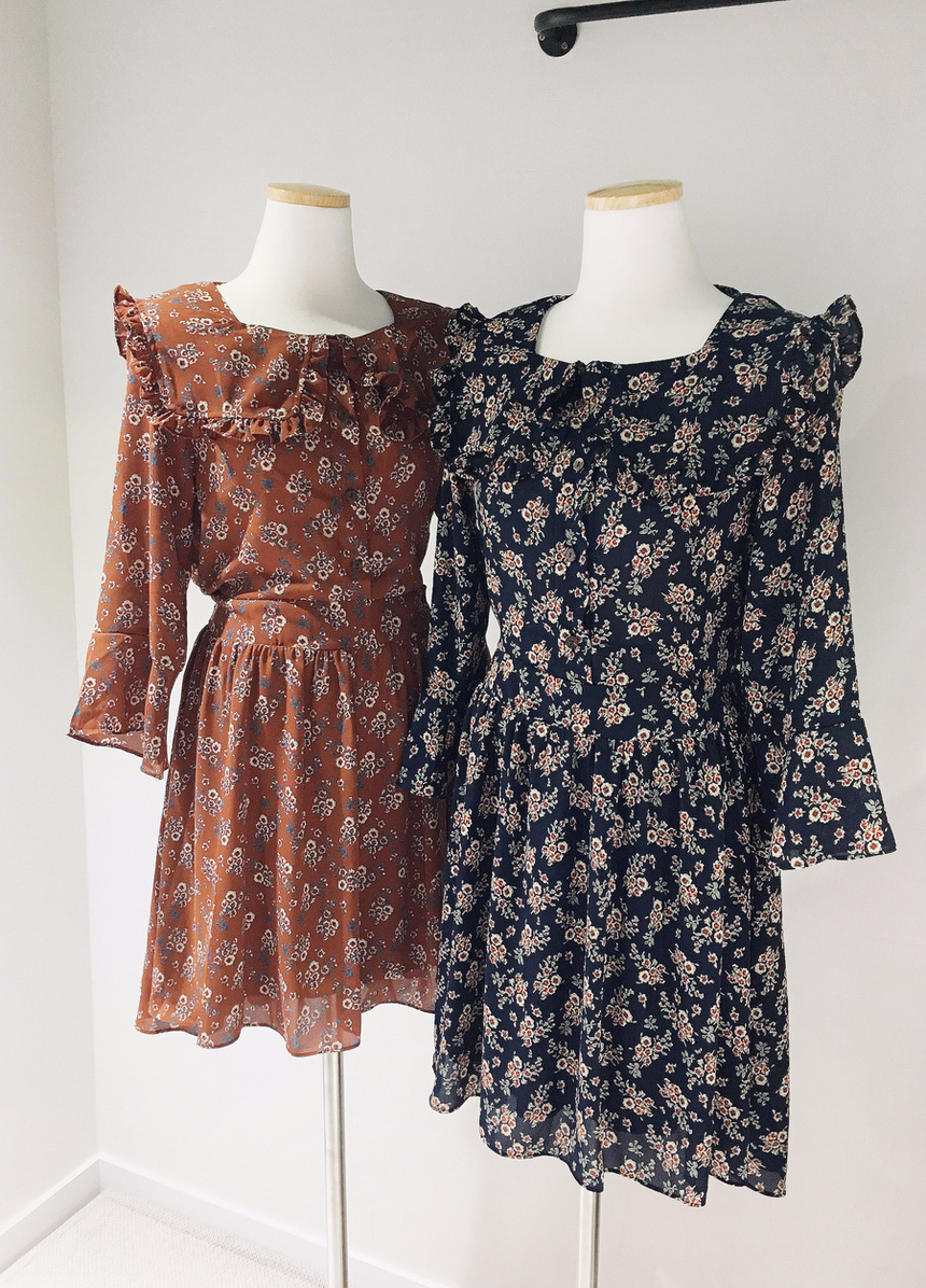 Square neck flower chiffon ruffle dress 7 part aut