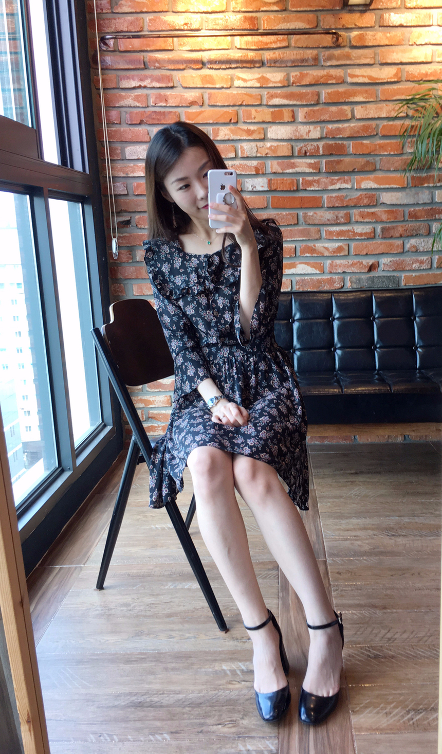 Square neck flower chiffon ruffle dress 7 part aut