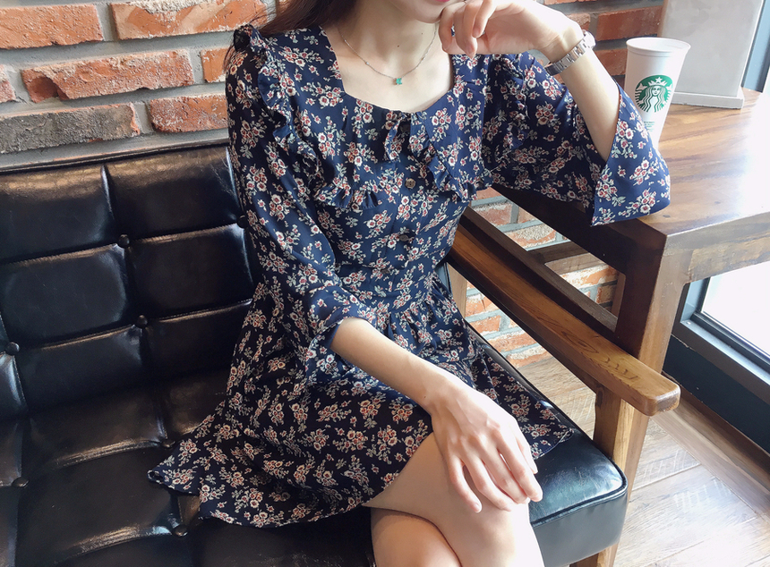 Square neck flower chiffon ruffle dress 7 part aut