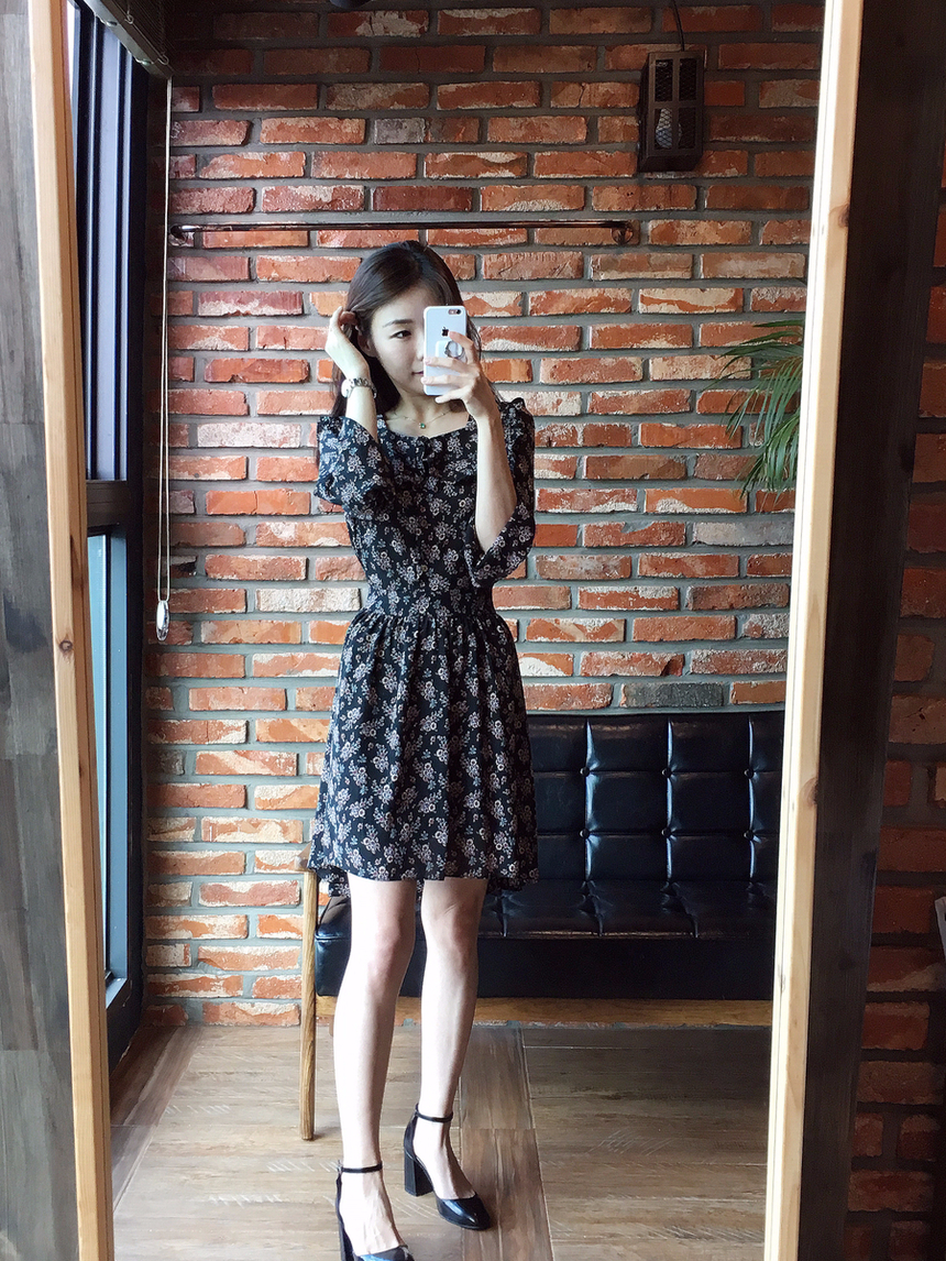 Square neck flower chiffon ruffle dress 7 part aut