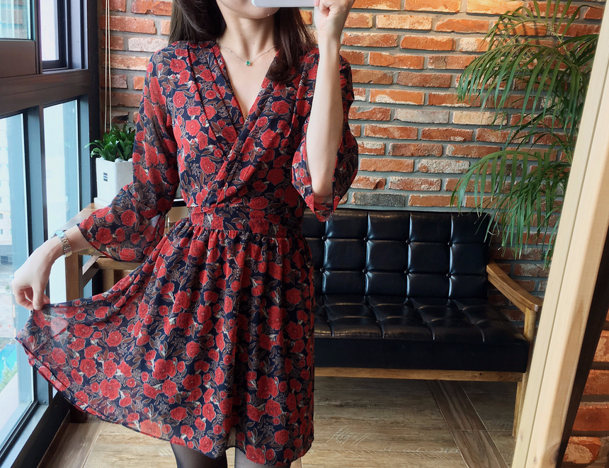 Flower Chiffon Wrap One Piece V-neck Fall Mini 3co