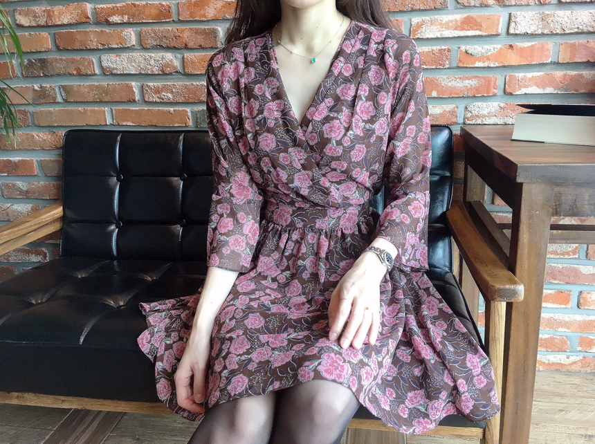 Flower Chiffon Wrap One Piece V-neck Fall Mini 3co