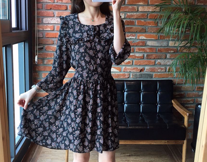 Square neck flower chiffon ruffle dress 7 part aut