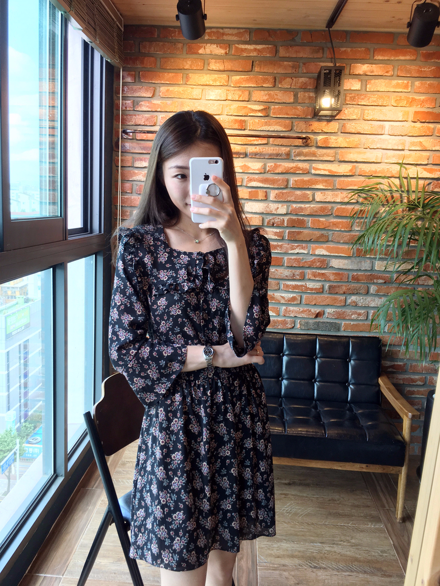 Square neck flower chiffon ruffle dress 7 part aut