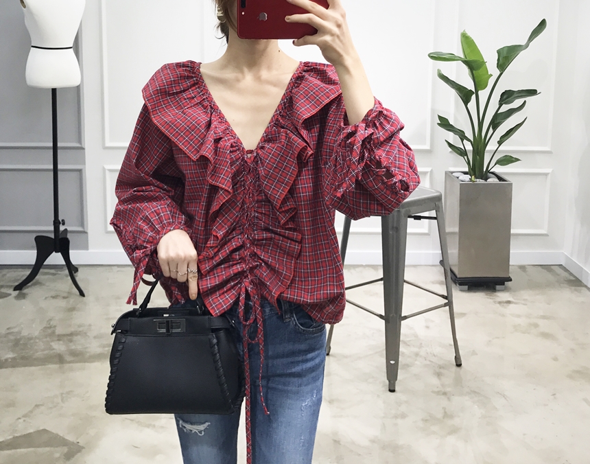 NEW FASHION LADY GIRL Blouse Check Eyelet String R