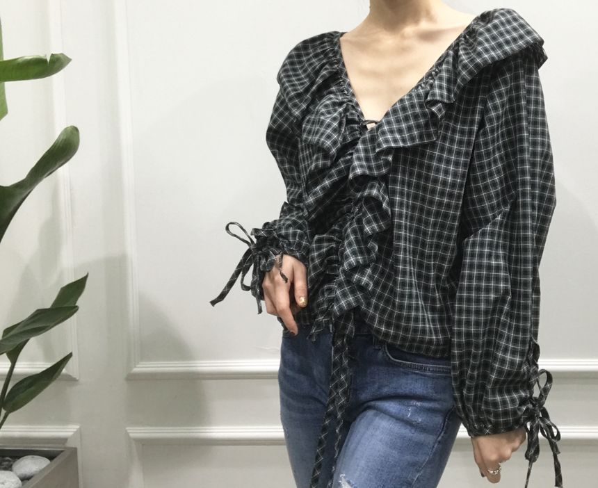 NEW FASHION LADY GIRL Blouse Check Eyelet String R