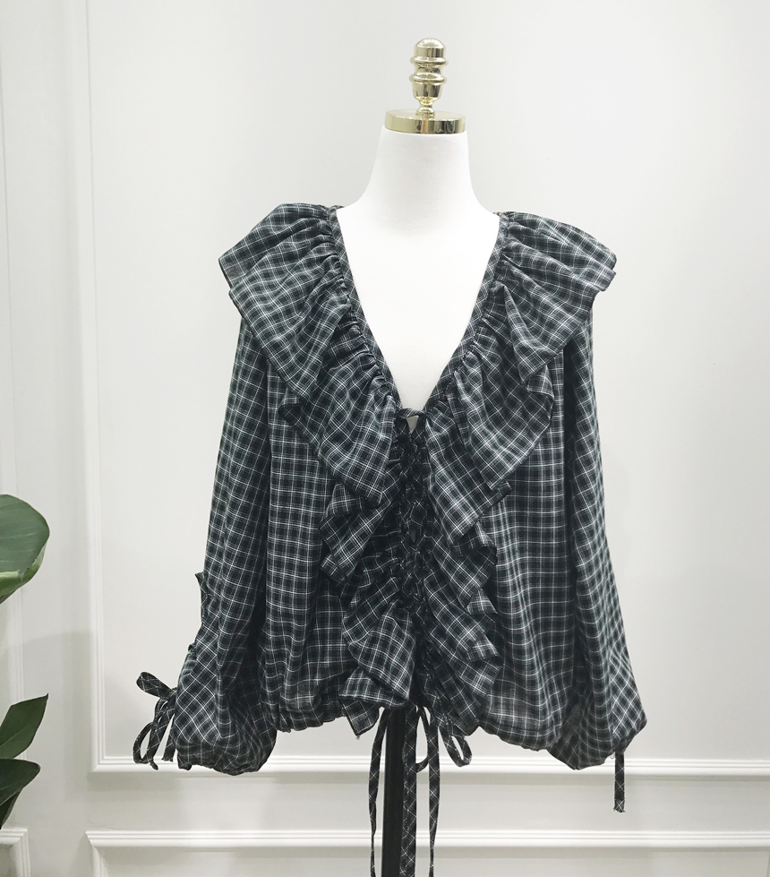NEW FASHION LADY GIRL Blouse Check Eyelet String R