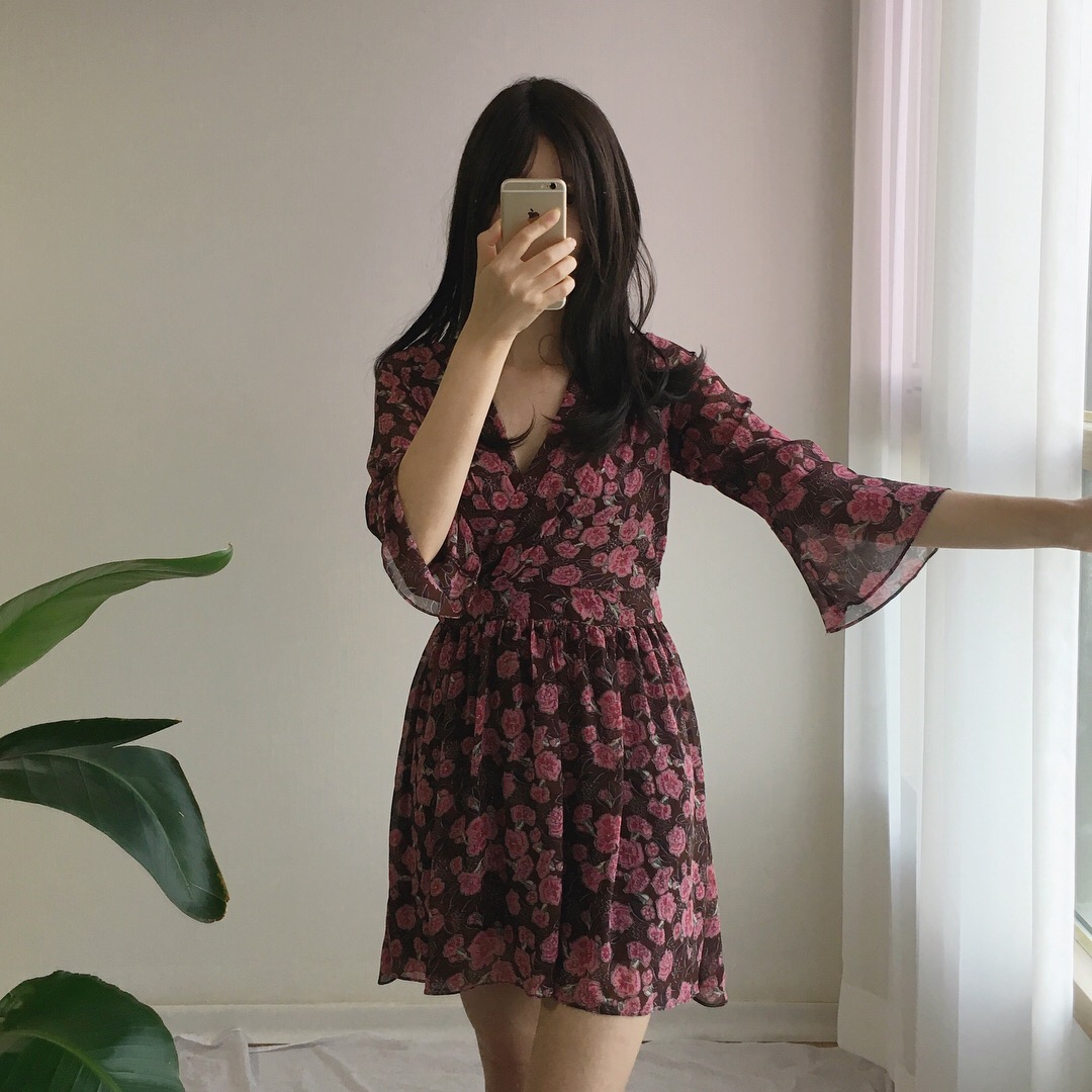 Red Flower Pattern Autumn Chiffon Wrap One Piece M