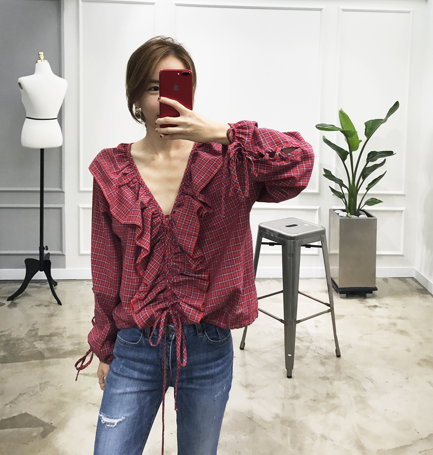 NEW FASHION LADY GIRL Blouse Check Eyelet String R