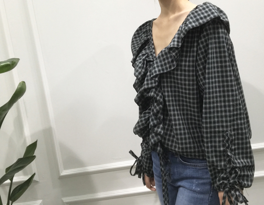 NEW FASHION LADY GIRL Blouse Check Eyelet String R