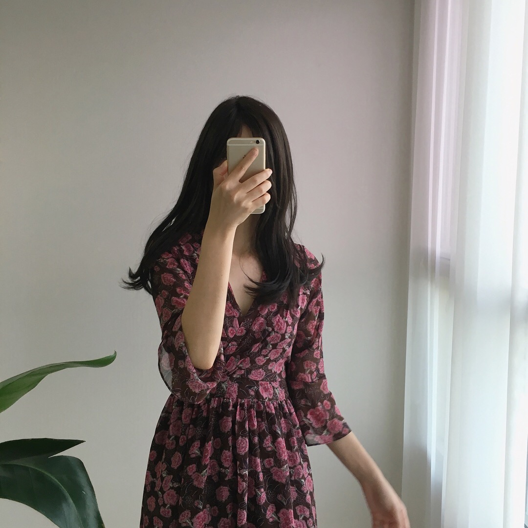 Red Flower Pattern Autumn Chiffon Wrap One Piece M