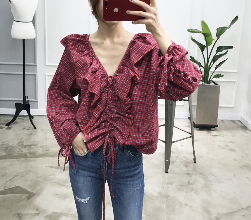 NEW FASHION LADY GIRL Blouse Check Eyelet String R