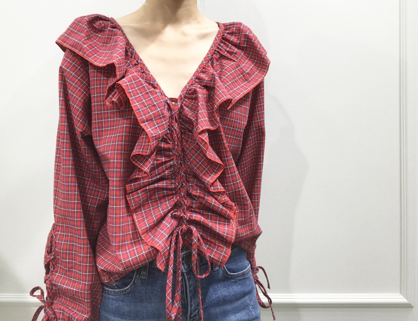 NEW FASHION LADY GIRL Blouse Check Eyelet String R