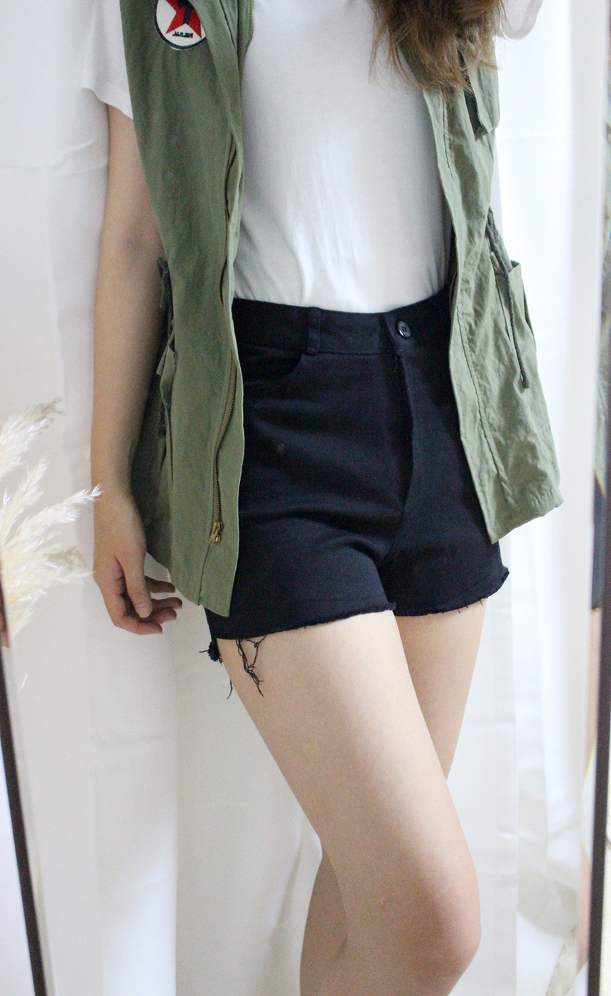 Women Jeans Pants A Line Black shorts Black denim 