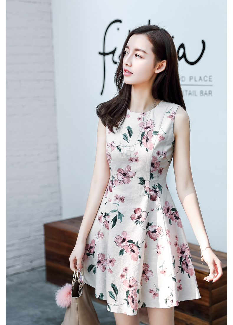 New Women Dress Sleeveless Flower Pattern Dress Dr