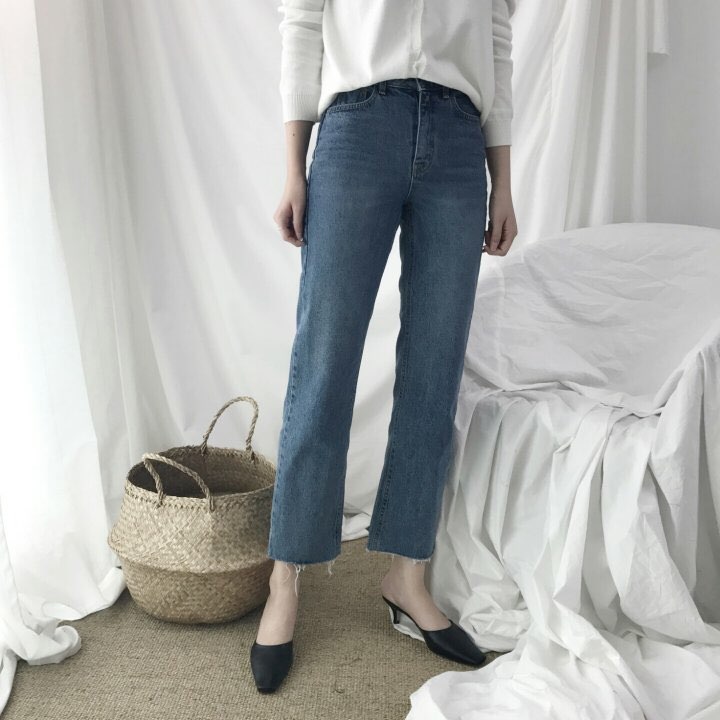 Women Jeans Pants Hem Cut Jeans Straight Jeans Den