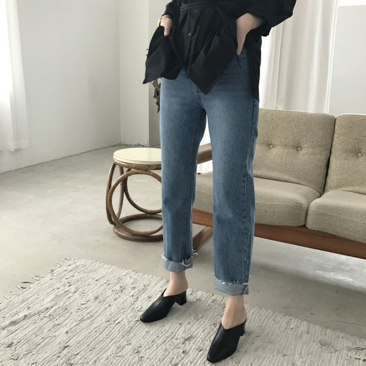 Women Jeans Pants Hem Cut Jeans Straight Jeans Den