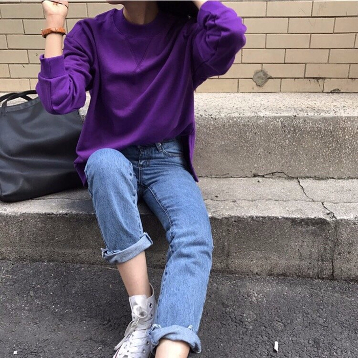 Loose Fit Man-to-man purple, gray Autumn T-shirt W