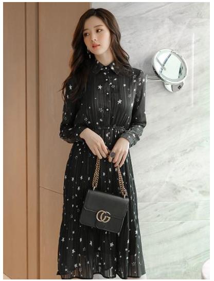 Simple, autumn star wrinkle chiffon dress