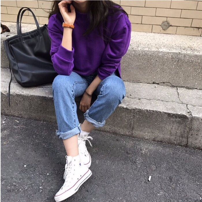 Loose Fit Man-to-man purple, gray Autumn T-shirt W