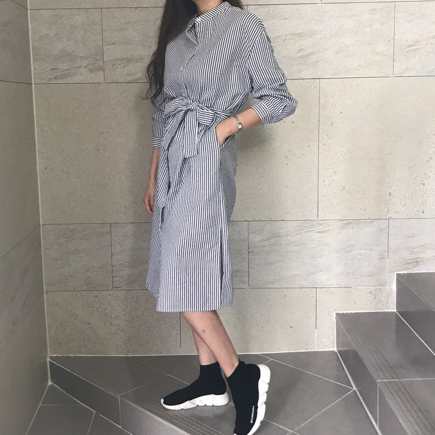 New Striped Long Shirt Dress Fall Chinese Long Sou