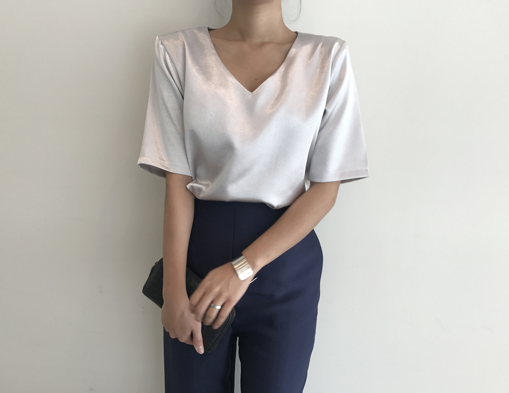 V-neck Silk Blouse Women's T-shirt Autumn Short