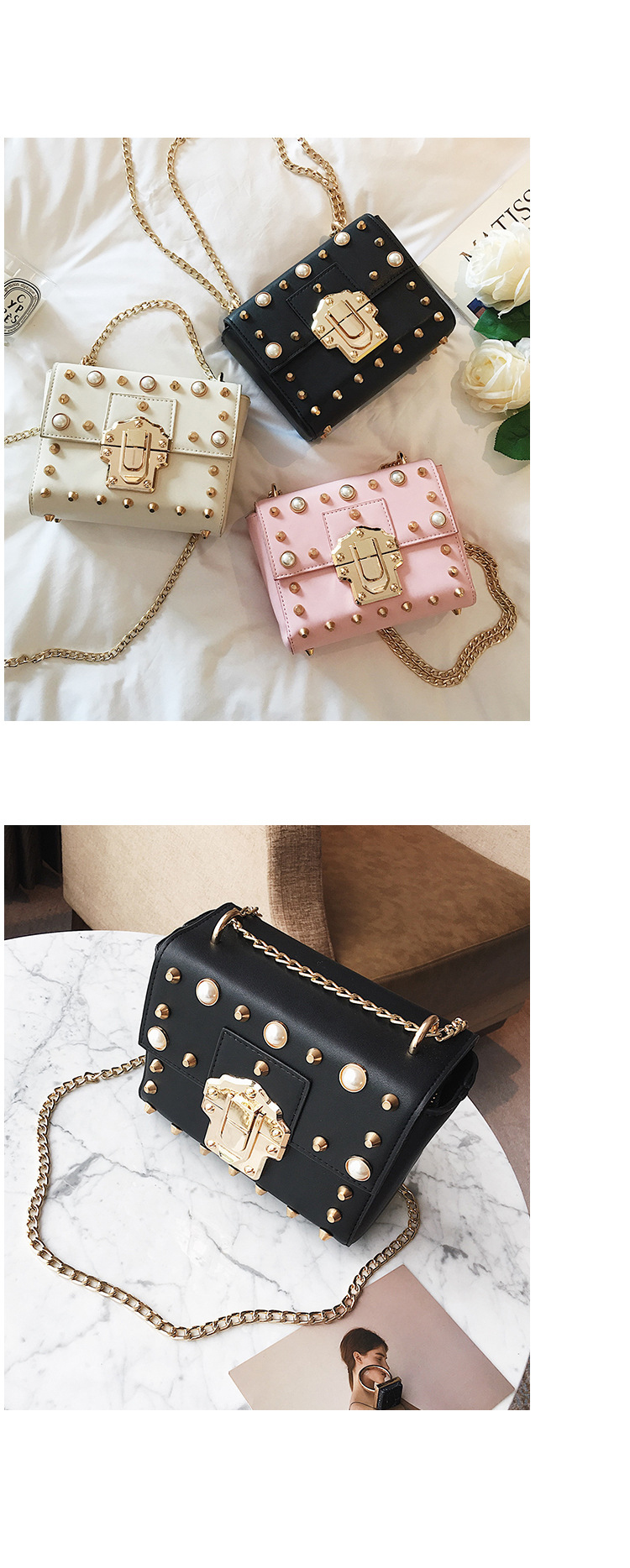 New Bead Square Chain Cross Mini Bag Women's Ba