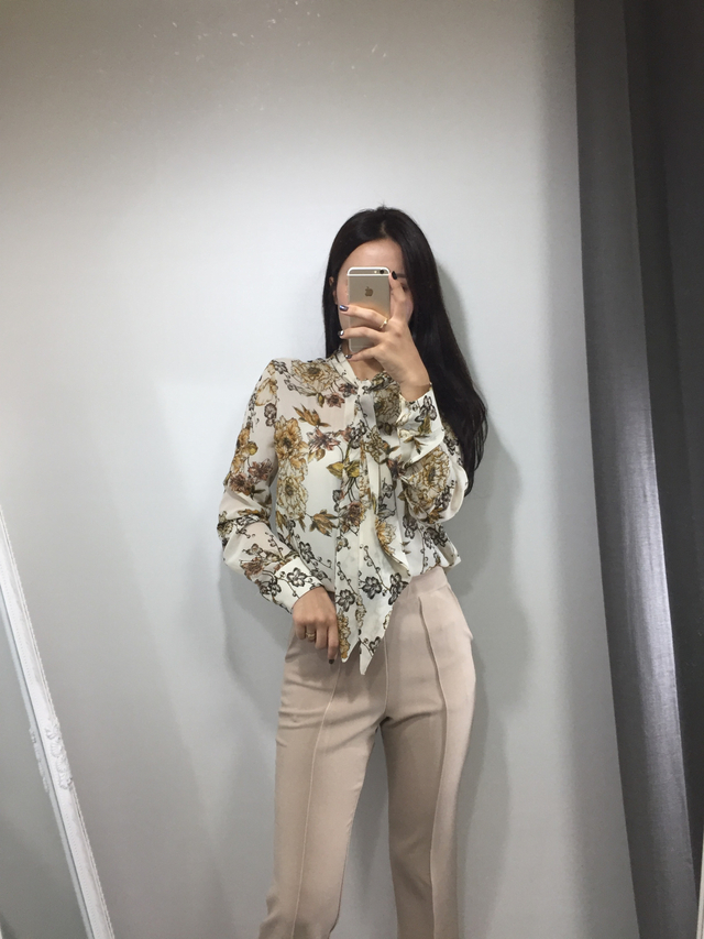 20s woman flower pattern autumn chiffon tie blouse