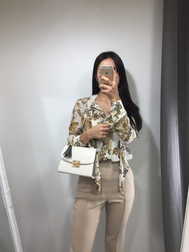 20s woman flower pattern autumn chiffon tie blouse