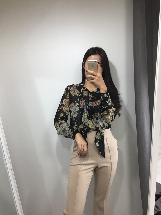 20s woman flower pattern autumn chiffon tie blouse