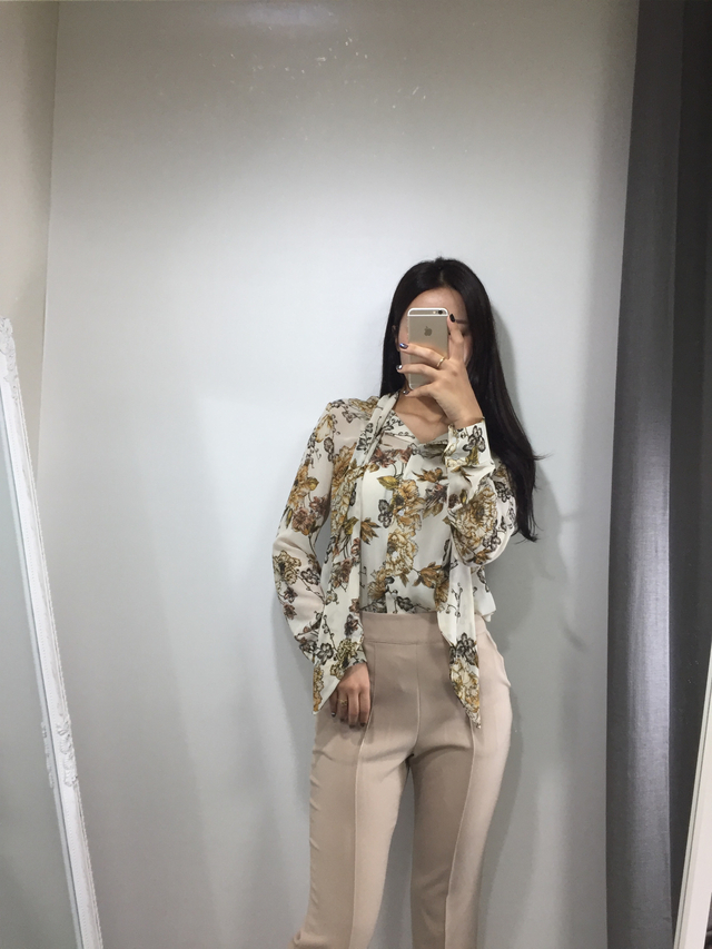 20s woman flower pattern autumn chiffon tie blouse