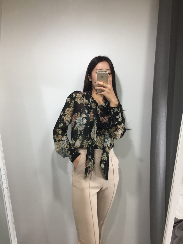 20s woman flower pattern autumn chiffon tie blouse