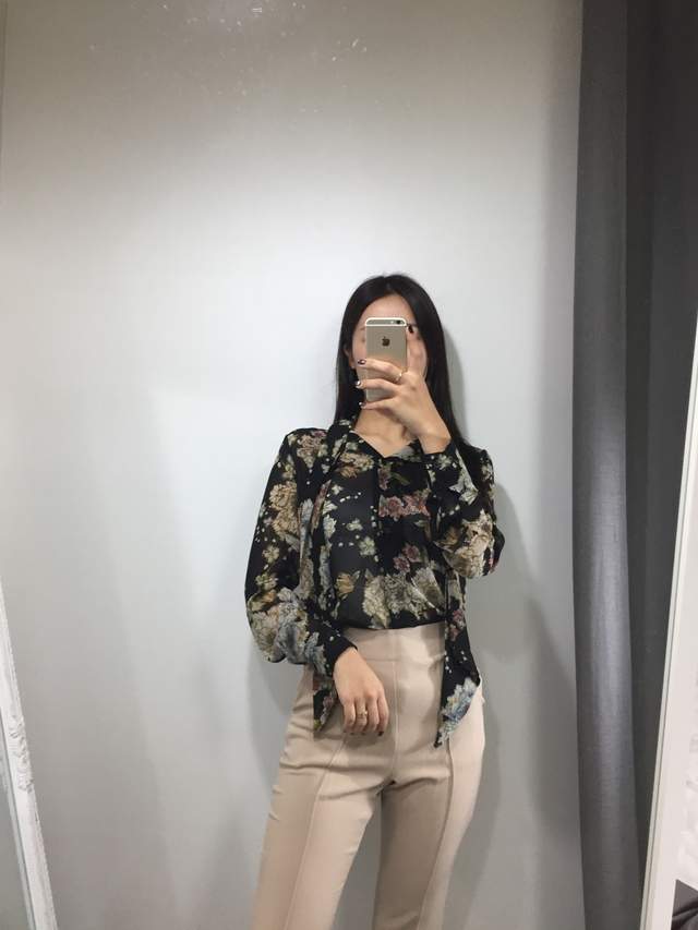 20s woman flower pattern autumn chiffon tie blouse