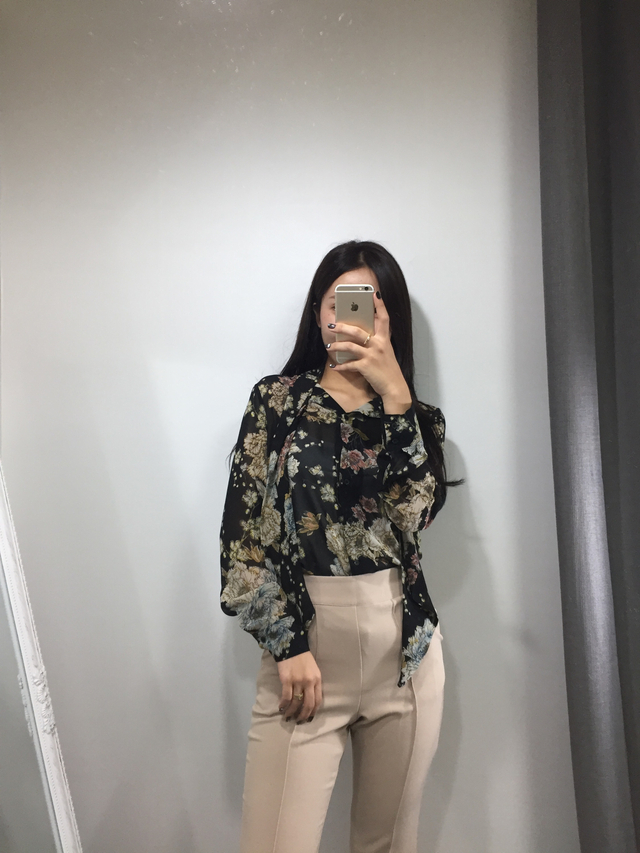 20s woman flower pattern autumn chiffon tie blouse
