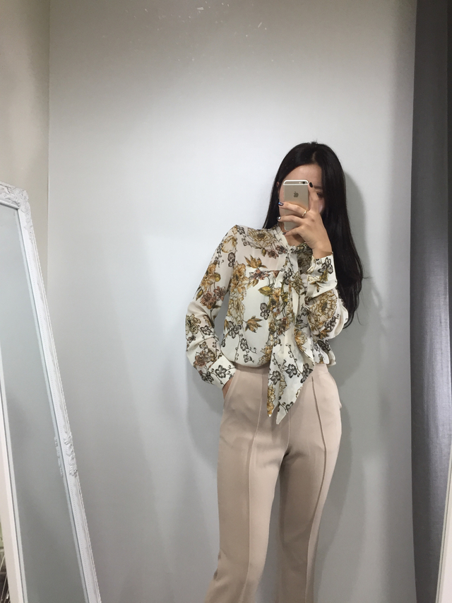 20s woman flower pattern autumn chiffon tie blouse