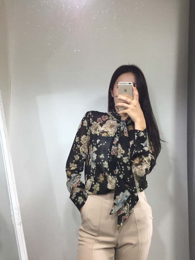 20s woman flower pattern autumn chiffon tie blouse