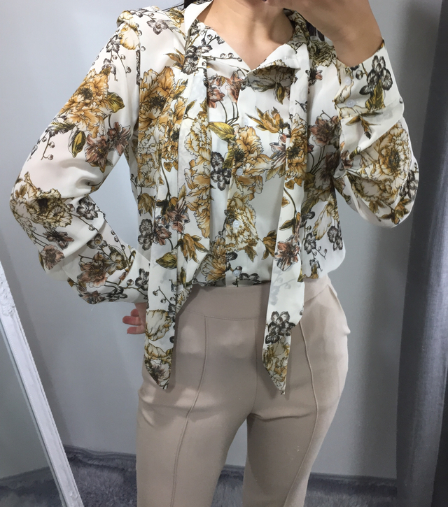 20s woman flower pattern autumn chiffon tie blouse