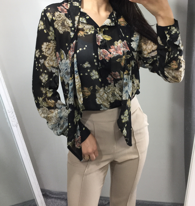 20s woman flower pattern autumn chiffon tie blouse