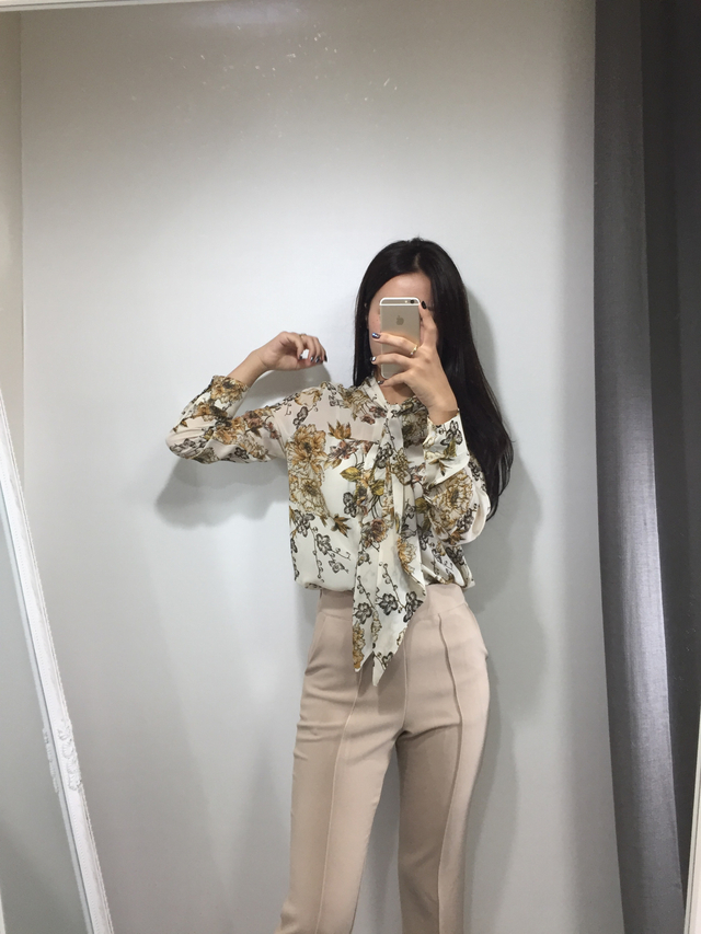 20s woman flower pattern autumn chiffon tie blouse